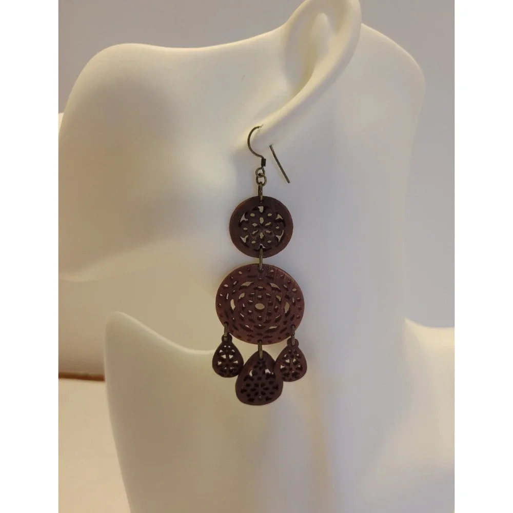 Dangling Pierced Earrings Round Teardrop Carved Wooden Cut-Out Boho Jewelry